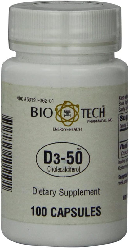 Bio-Tech Pharmacal D3-50 50,000 IU - Vitamin D3 Supplement, 100 Capsules