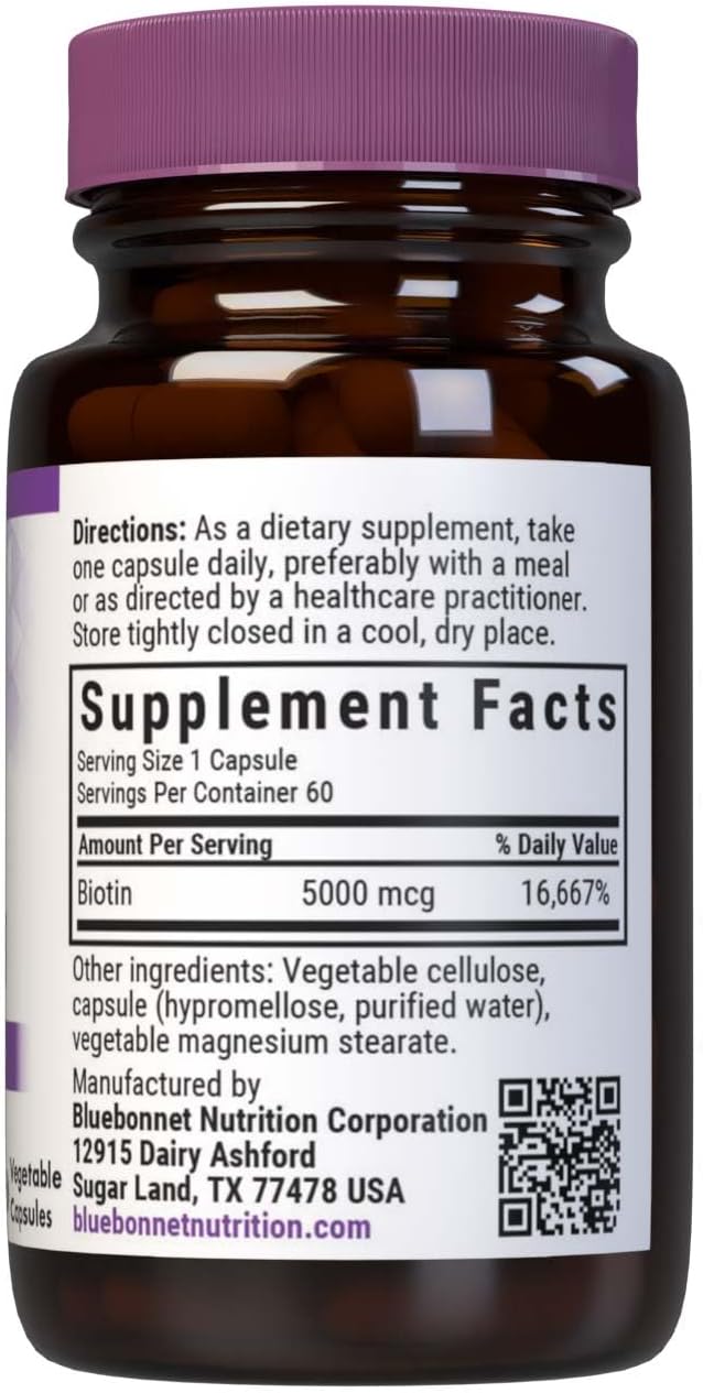 Bluebonnet Nutrition Biotin 5000 mcg for Hair & Nail Support, Non-GMO, Vegan, 60 Vegetable Capsules - görsel 2