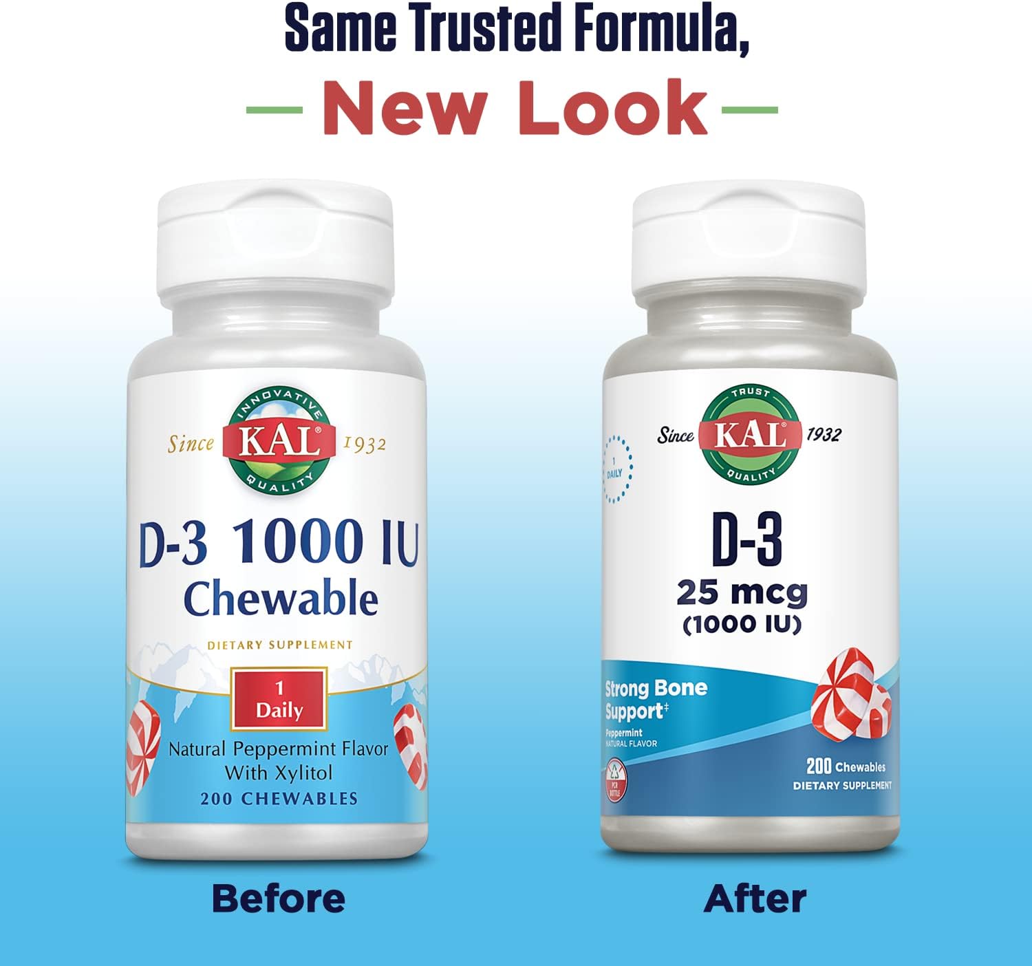 KAL Vitamin D-3 1000 IU Chewable Tablets - Peppermint Flavour - 200 Count
