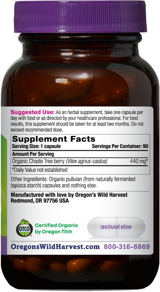 Oregon's Wild Harvest Non-GMO Chaste Tree Capsules, Certified Organic Herbal Supplement, 90 Capsules