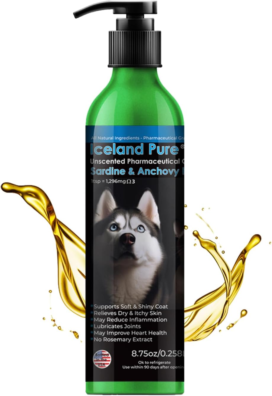 Sardine Anchovy Oil | 1296mg Omega | Unscented Pharmaceutical Grade | For Dogs & Cats | BPA-Free Brushed Aluminium Epoxy Coated Bottle with Pump 33 OZ