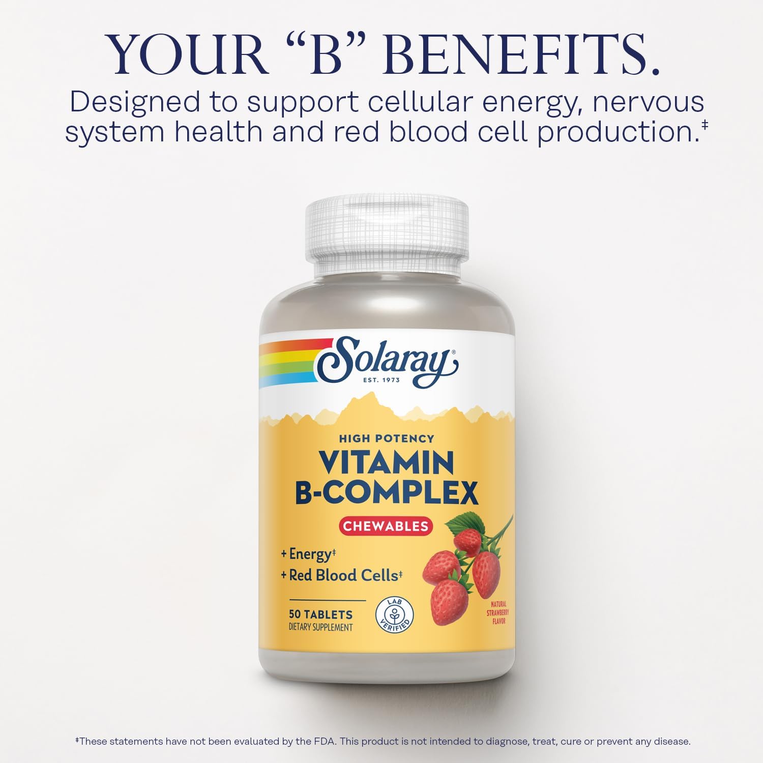 SOLARAY Vitamin B-Complex Chewables – Strawberry Flavour – Energy & Stress Support – 50 Tablets