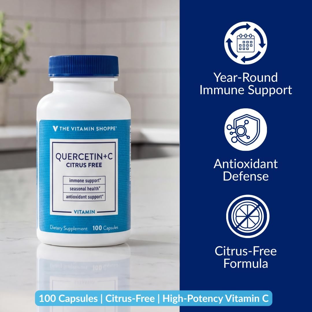 The Vitamin Shoppe Quercetin + C – Citrus-Free – 1400mg Vitamin C & 500mg Quercetin – Immune Support – 100 Capsules
