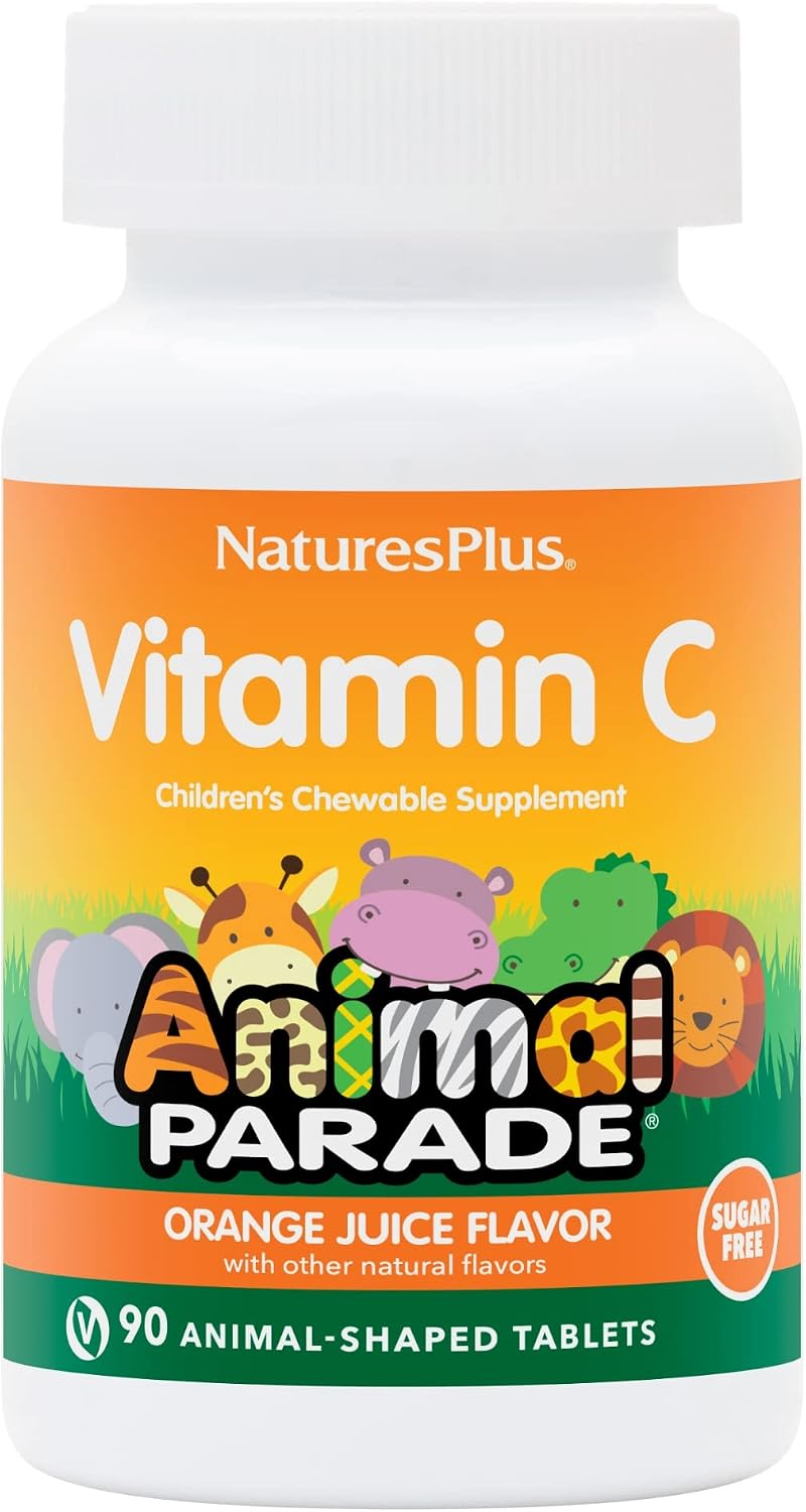 NaturesPlus Animal Parade Sugar-Free Children's Vitamin C, Natural Orange Juice Flavour - 90 Chewable Tablets