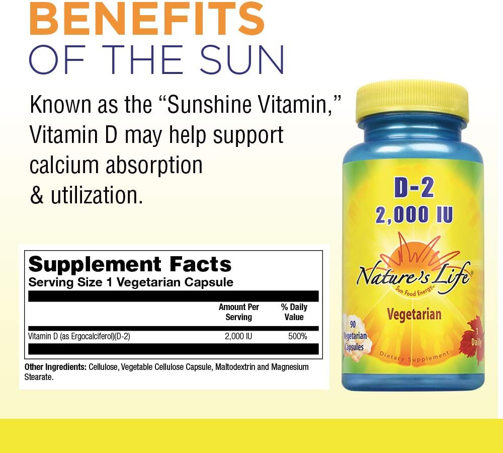 Nature's Life Vitamin D-2 2000IU | High Potency Ergocalciferol | Supplement May Support Bone & Heart Health | 90 Vegetarian Capsules