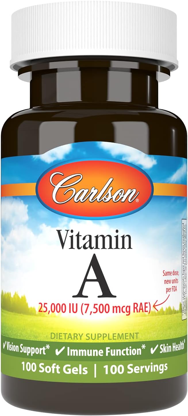 Carlson Vitamin A, 25,000 IU (7,500 mcg RAE), Vision & Skin Health, Immune Support, 100 Soft Gels