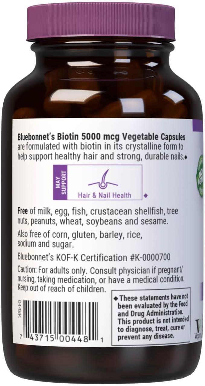 Bluebonnet Nutrition Biotin 5000 mcg, Hair & Nail Support, 120 Vegetable Capsules - görsel 3
