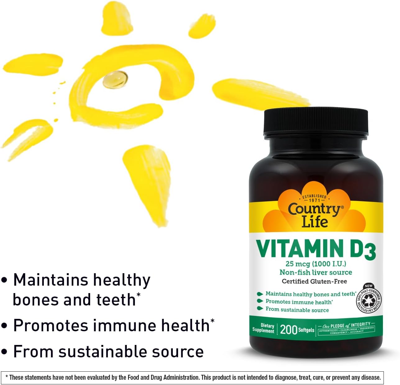 Country Life Vitamin D3 1000 IU (25 mcg) Softgels – 200 Count