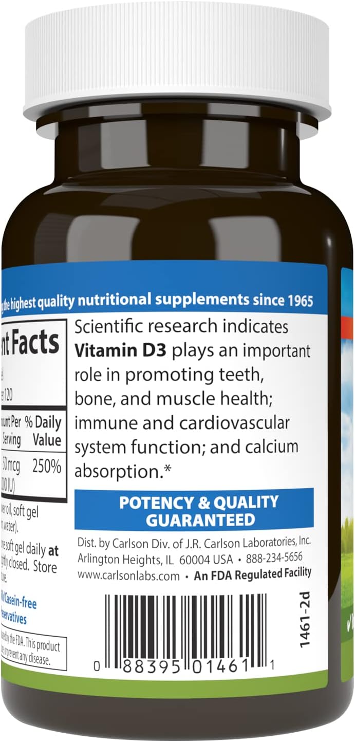 Carlson Vitamin D3 2000 IU (50 mcg) Softgels – Immune and Bone Support, 120 Count