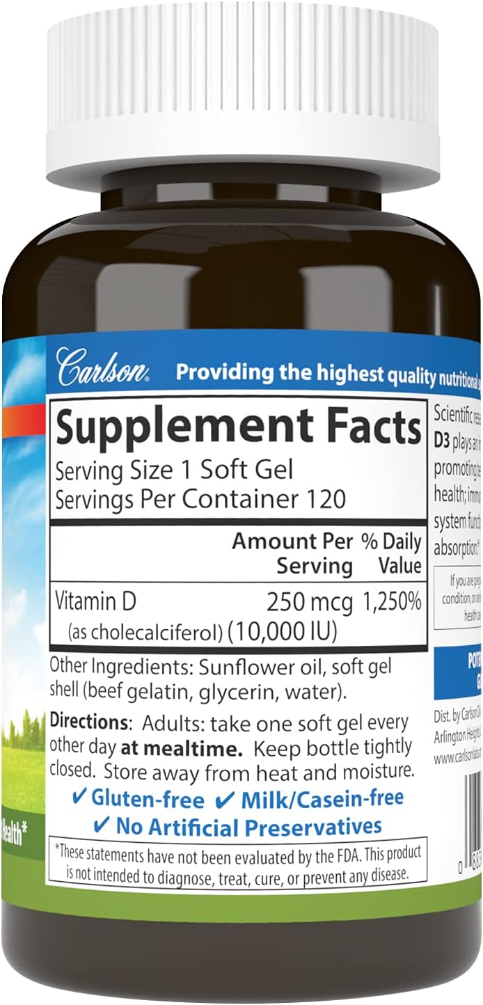 Carlson Vitamin D3 10,000 IU (250 mcg) – Bone, Immune & Cardiovascular Support, 120 Softgels