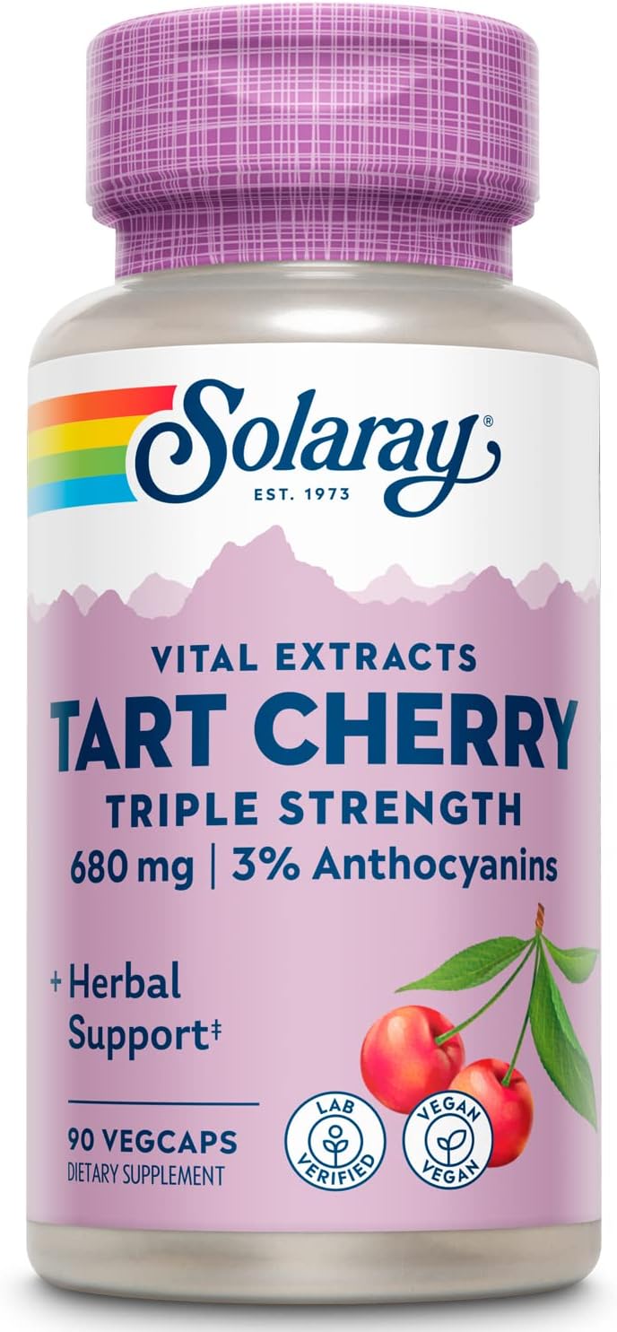 SOLARAY Triple Strength Tart Cherry Extract with 3% Anthocyanins – Tart Cherry Capsules for Healthy Uric Acid Levels and Muscle Recovery Support, Vegan, 60-Day Guarantee, 45 Servings, 90 VegCaps