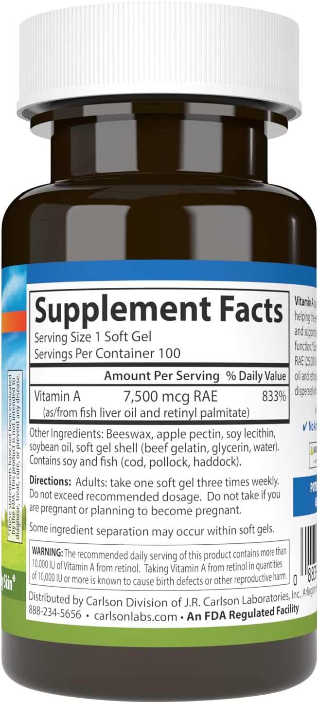 Carlson Labs Vitamin A with Pectin, 25,000 IU, 100 Softgels