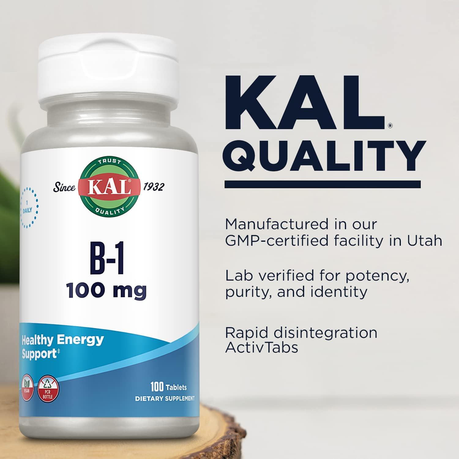 KAL Vitamin B1 100 mg – Thiamine for Energy, Metabolism, and Nervous System Health – 100 Tablets