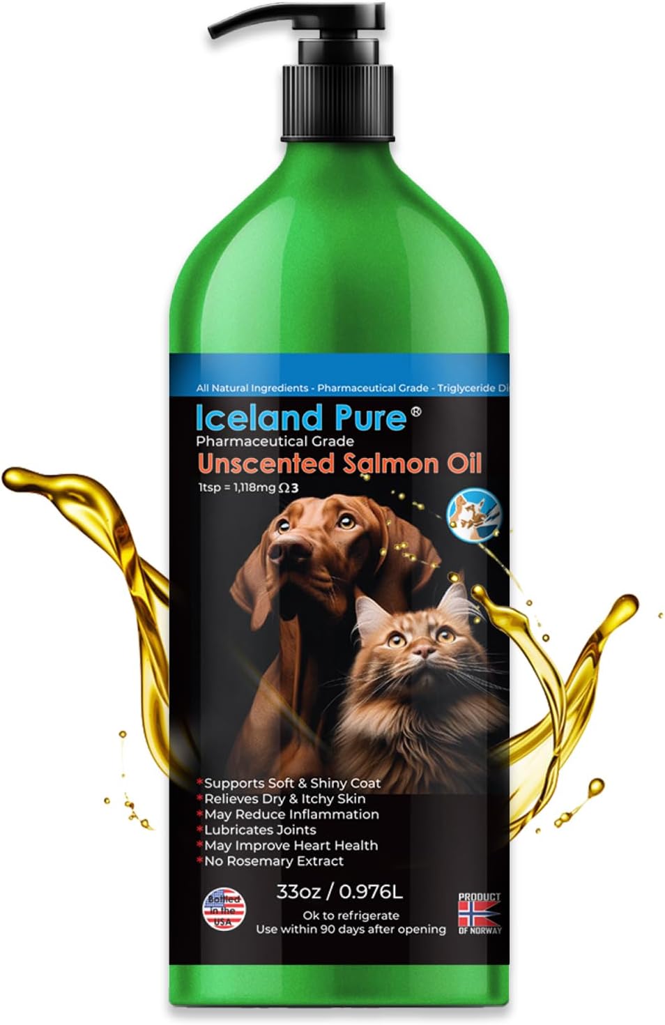 Iceland Pure Salmon Oil - Unscented Pharmaceutical Grade - 1118 mg Omega-3 per 5 mL - Liquid Supplement for Dogs and Cats - 976 mL
