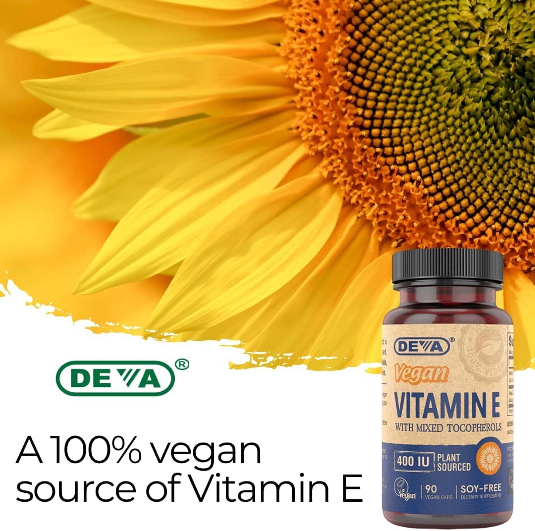 DEVA Vegan Natural Source Vitamin E 400 IU with Mixed Tocopherols, Soy-Free – 90 Veg Caps (Pack of 2)