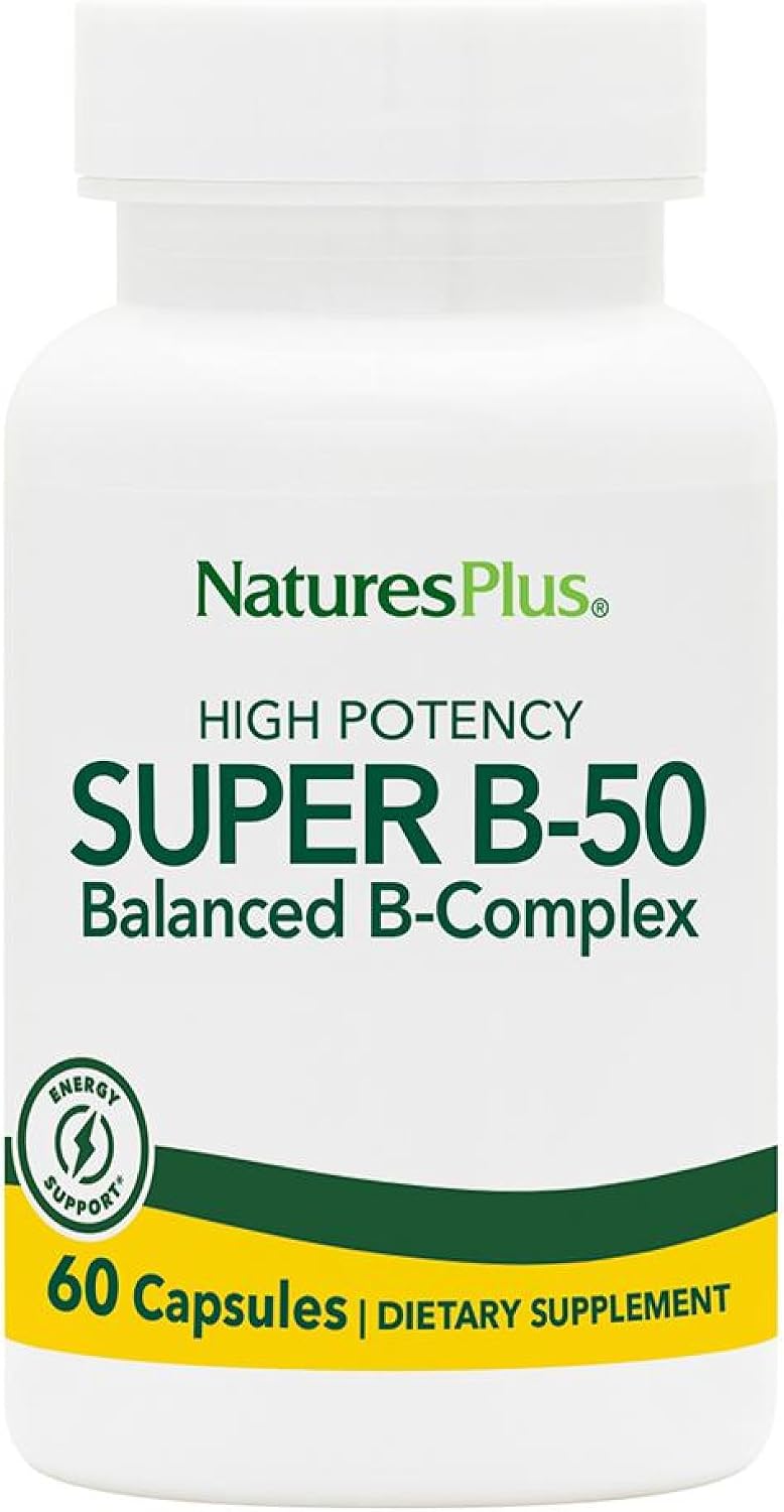 NaturesPlus Super B-50 – High-Potency B Complex with Choline, Inositol & PABA – 90 Capsules