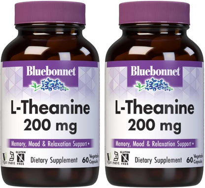 BlueBonnet L-Theanine 200mg Daily Nootropic Promotes Relaxation for Women and Men* - Free Form Amino Acid L Theanine Supplement - Non-GMO, Vegan, Gluten-Free - 30 Vegetable Capsules