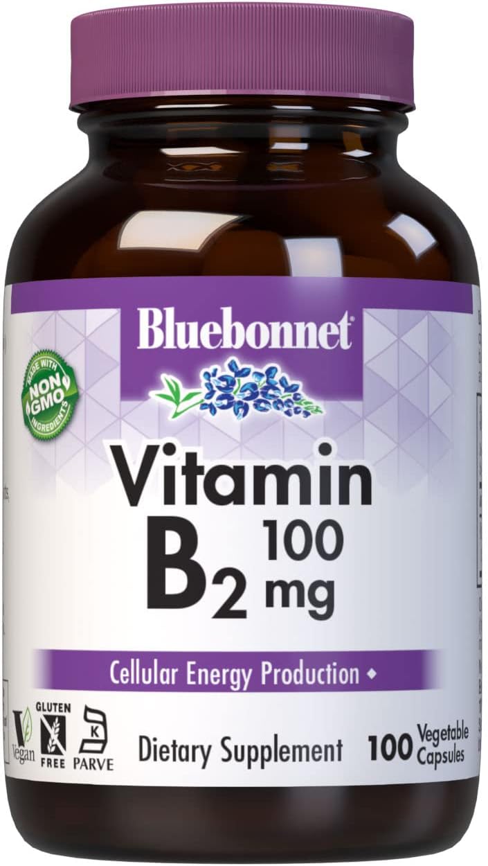 Bluebonnet Nutrition Vitamin B2 100 mg - Riboflavin Supplement for Energy Metabolism & Nervous System Function, Non-GMO, Vegan, 100 Veg Caps