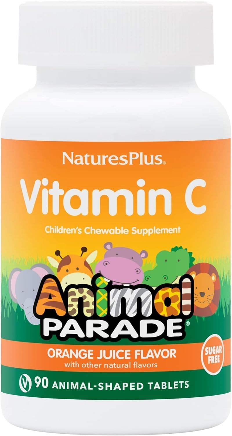 NaturesPlus Animal Parade Sugar-Free Children's Vitamin C, Natural Orange Juice Flavour - 90 Chewable Tablets