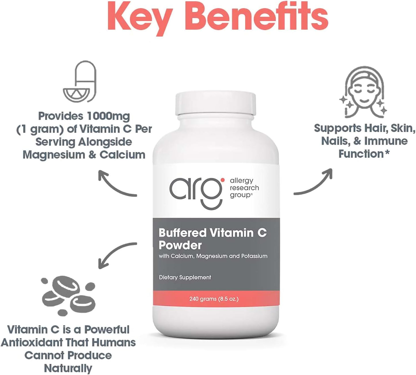 ARG Buffered Vitamin C Powder – Buffered Vitamin C for Antioxidant & Immune Support – Ascorbic Acid with Calcium, Magnesium & Potassium – Non-GMO & Gluten-Free – 102 Servings – 8.5 oz - görsel 4