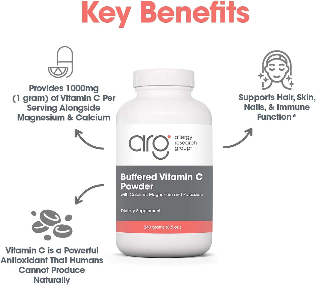 ARG Buffered Vitamin C Powder – Buffered Vitamin C for Antioxidant & Immune Support – Ascorbic Acid with Calcium, Magnesium & Potassium – Non-GMO & Gluten-Free – 102 Servings – 8.5 oz - görsel 4