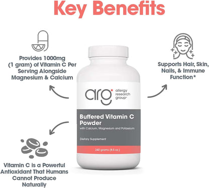 ARG Buffered Vitamin C Powder – Buffered Vitamin C for Antioxidant & Immune Support – Ascorbic Acid with Calcium, Magnesium & Potassium – Non-GMO & Gluten-Free – 102 Servings – 8.5 oz