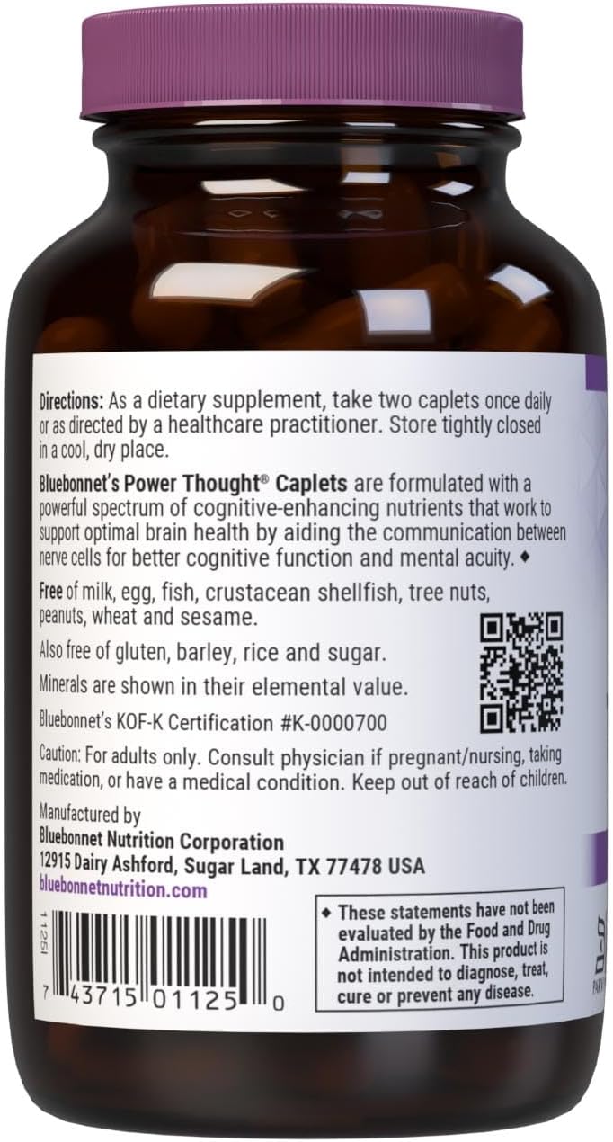 BlueBonnet Nutrition Power Thought Nootropic Brain Support Supplement with Phosphatidylserine, B Vitamins, Ginkgo, L-Tyrosine for Daily Focus* – Non-GMO, Gluten-Free – 90 Caplets