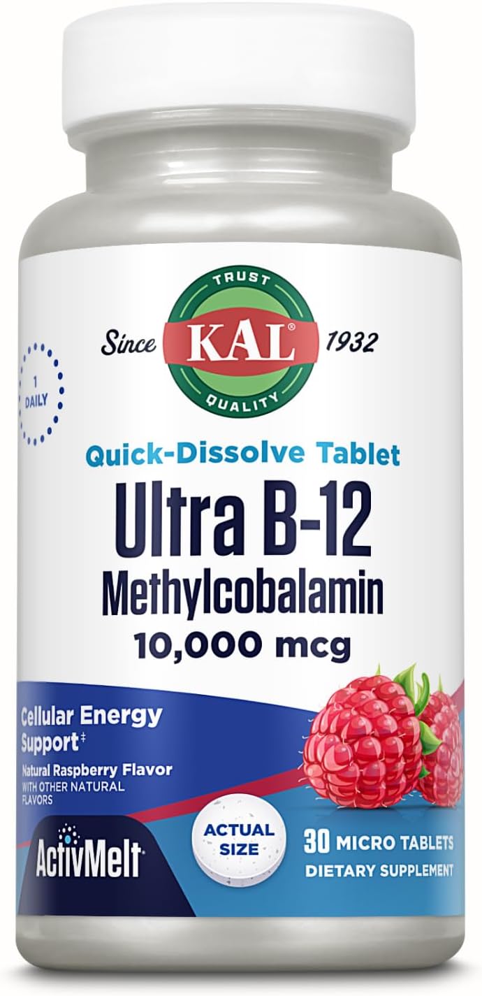 KAL Vitamin B-6, B-12, and Folic Acid Supplement - Methylcobalamin and Folate Lozenges - Natural Cherry - Gluten Free - 60 Servings