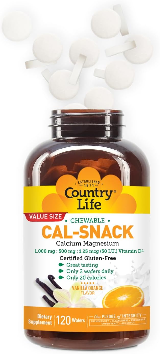 Country Life Cal-Snack Chewable Calcium and Magnesium Wafers with Vitamin D3, Vanilla Orange Flavour