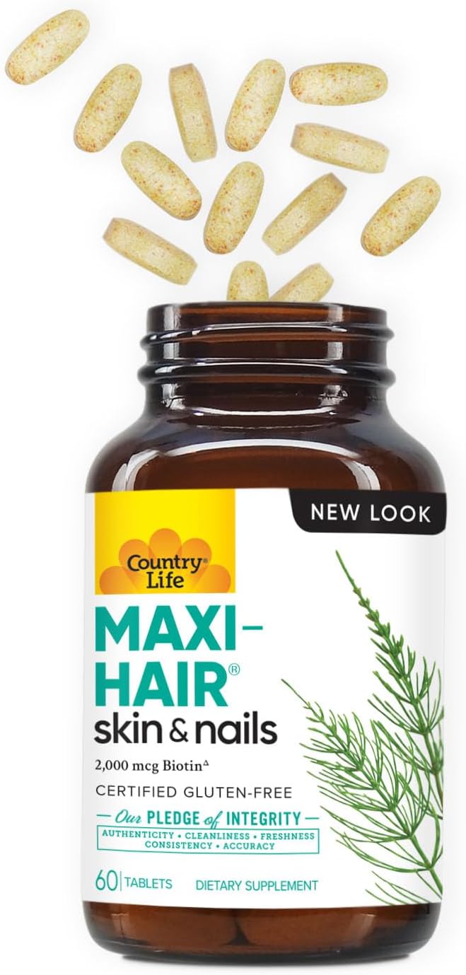 Country Life Maxi-Hair Supplement - 2000mcg Biotin for Hair, Skin and Nails - Certified Gluten-Free & Vegetarian - 60 Tablets