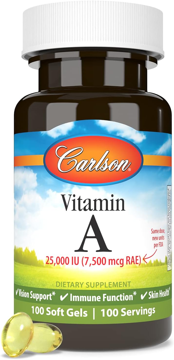 Carlson Vitamin A, 25,000 IU (7,500 mcg RAE), Vision & Skin Health, Immune Support, 100 Soft Gels