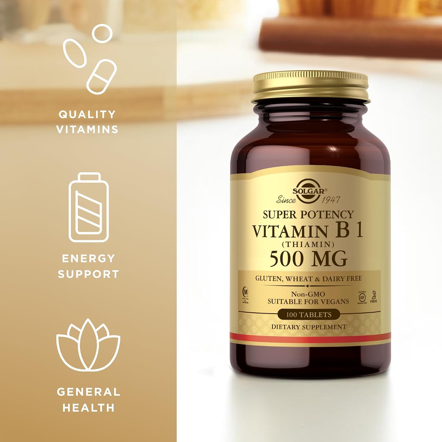Solgar Vitamin B1 (Thiamin) 500 mg, 100 Tablets – Super Potency, Non-GMO, Vegan, Gluten Free, Kosher, Halal