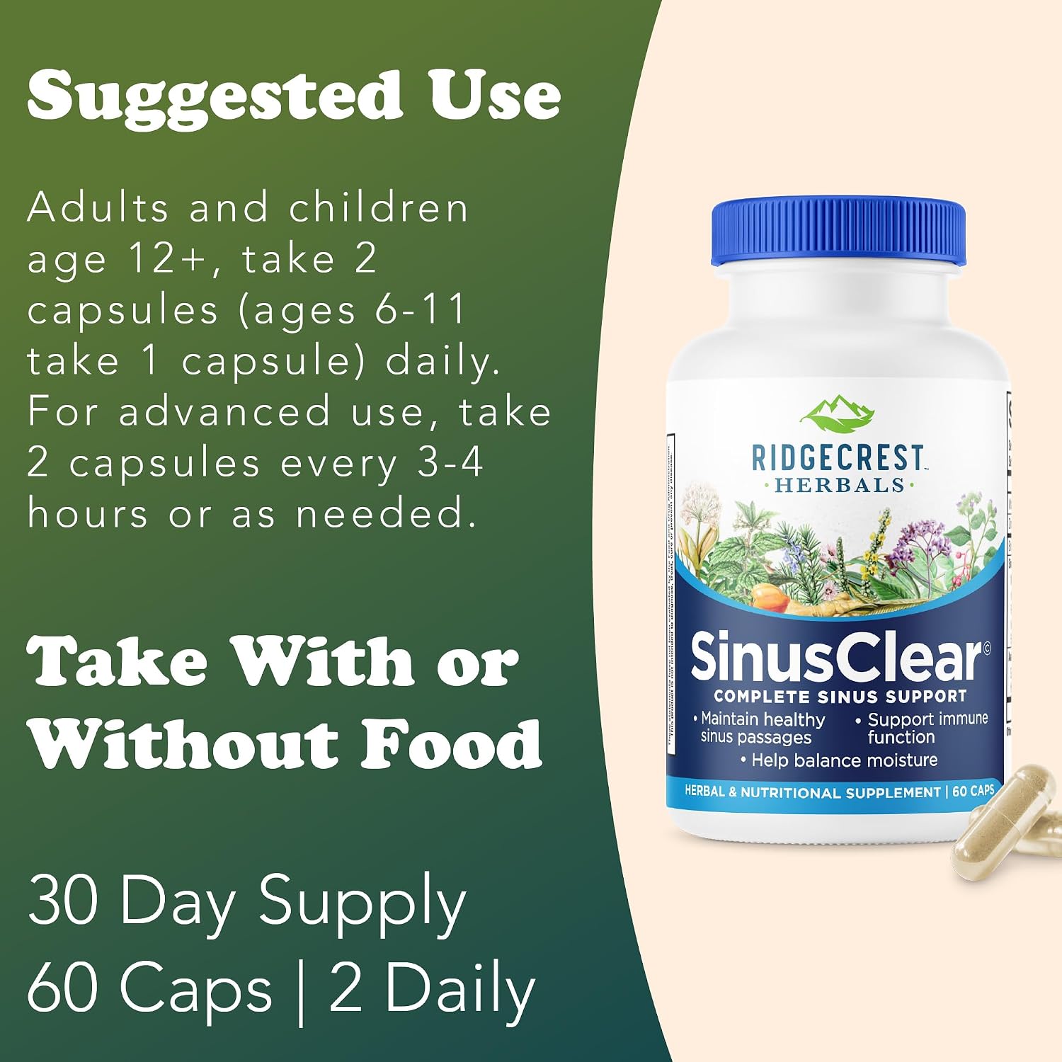 RidgeCrest Herbals SinusClear – Natural Sinus & Respiratory Support with Mullein, Bromelain, Vitamin C, and Zinc (60 Veg Caps)