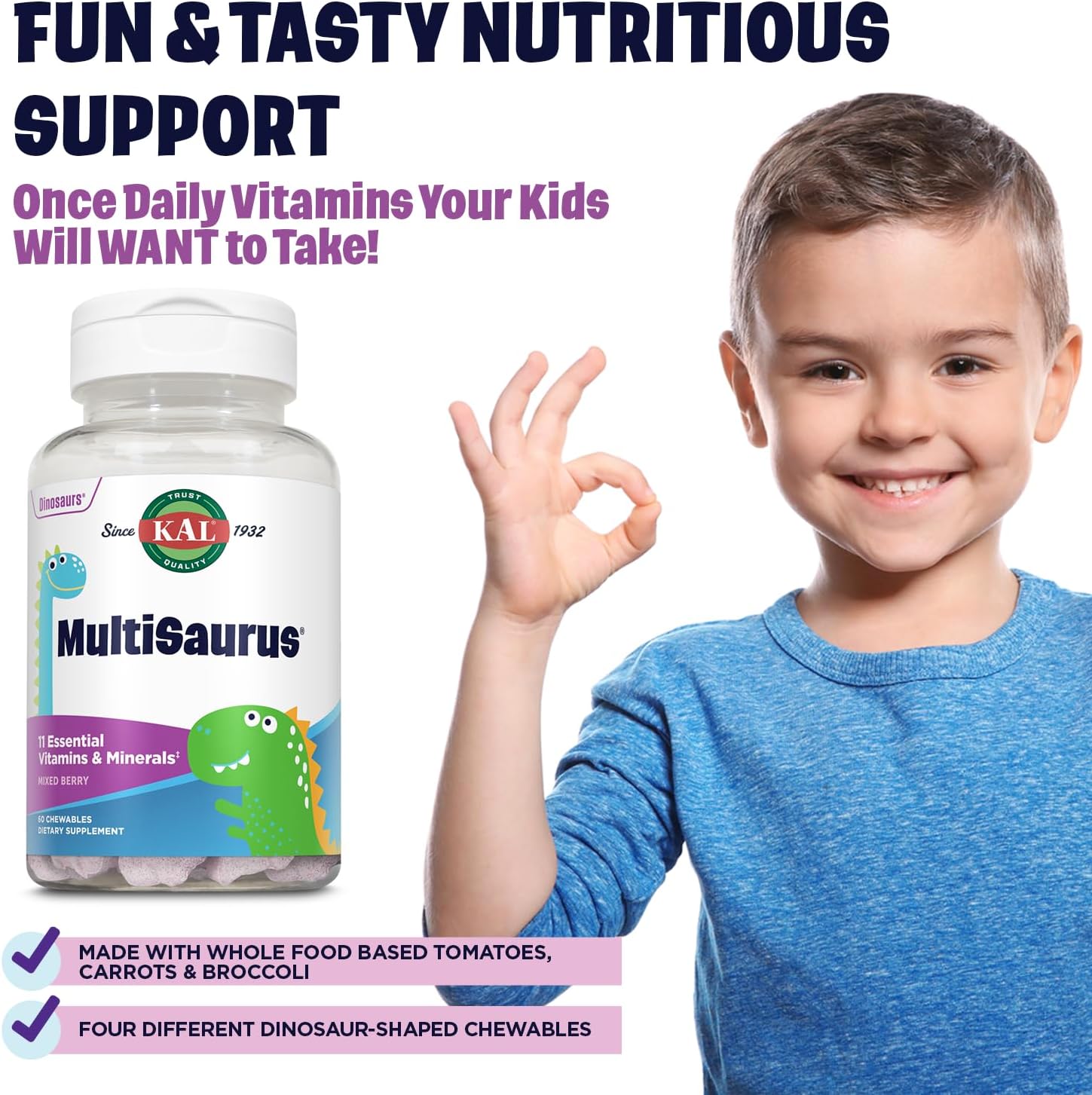 KAL MultiSaurus Kids Chewable Multivitamins – 11 Essential Vitamins & Minerals, Dinosaur-Shaped, Mixed Berry Flavour, 60 Chewables