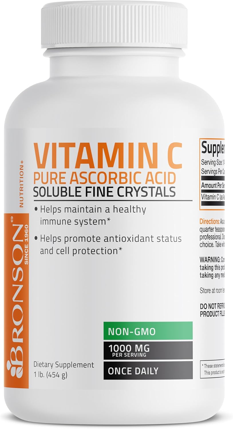 Bronson Vitamin C Powder – Pure Ascorbic Acid, Non-GMO, Fine Crystals – 454 g (1 lb)