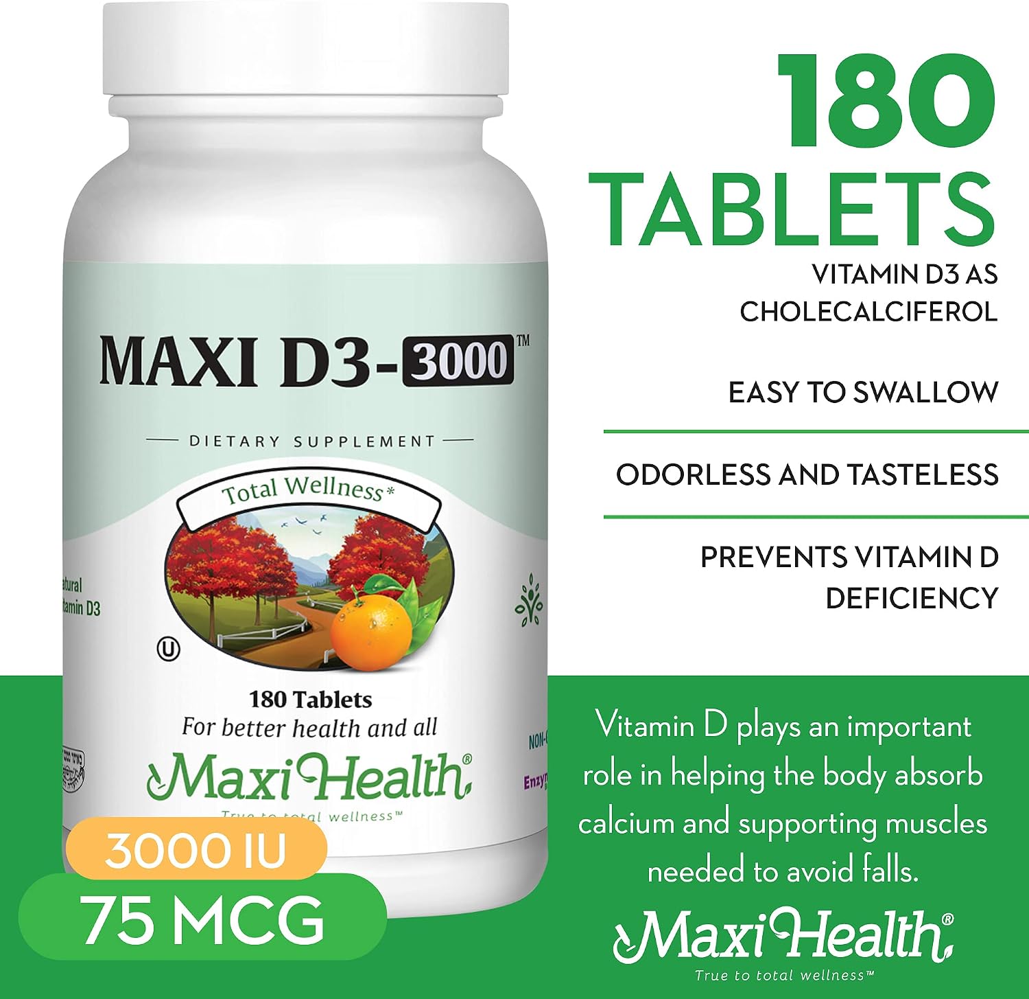 Maxi Health Vitamin D3 3000 IU (75 mcg) Supplement – Non-GMO, Kosher, 180 Tablets