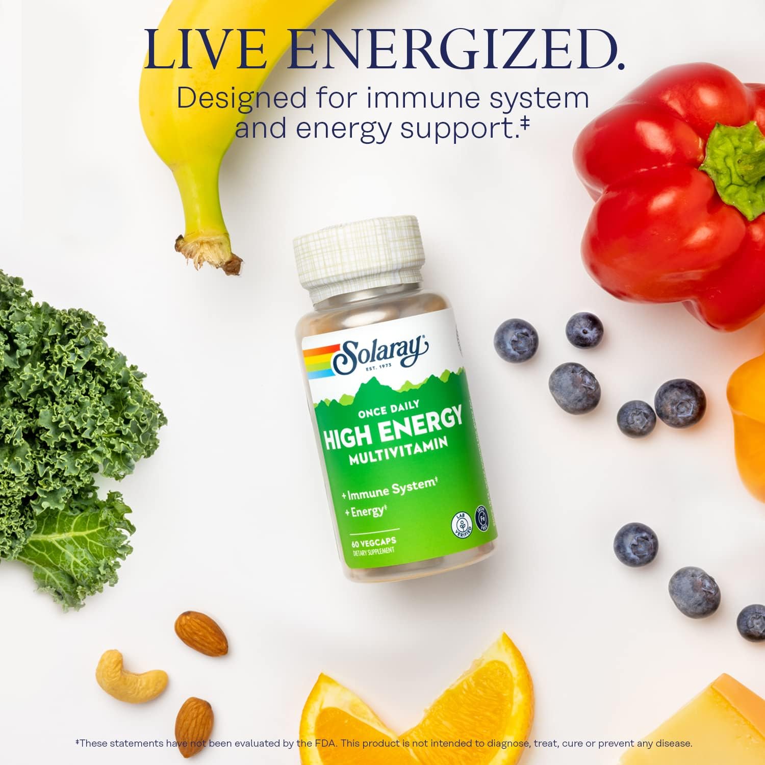 SOLARAY Once Daily High Energy Multivitamin - No Iron, Whole Food & Herb Base, 60 Vegetable Capsules