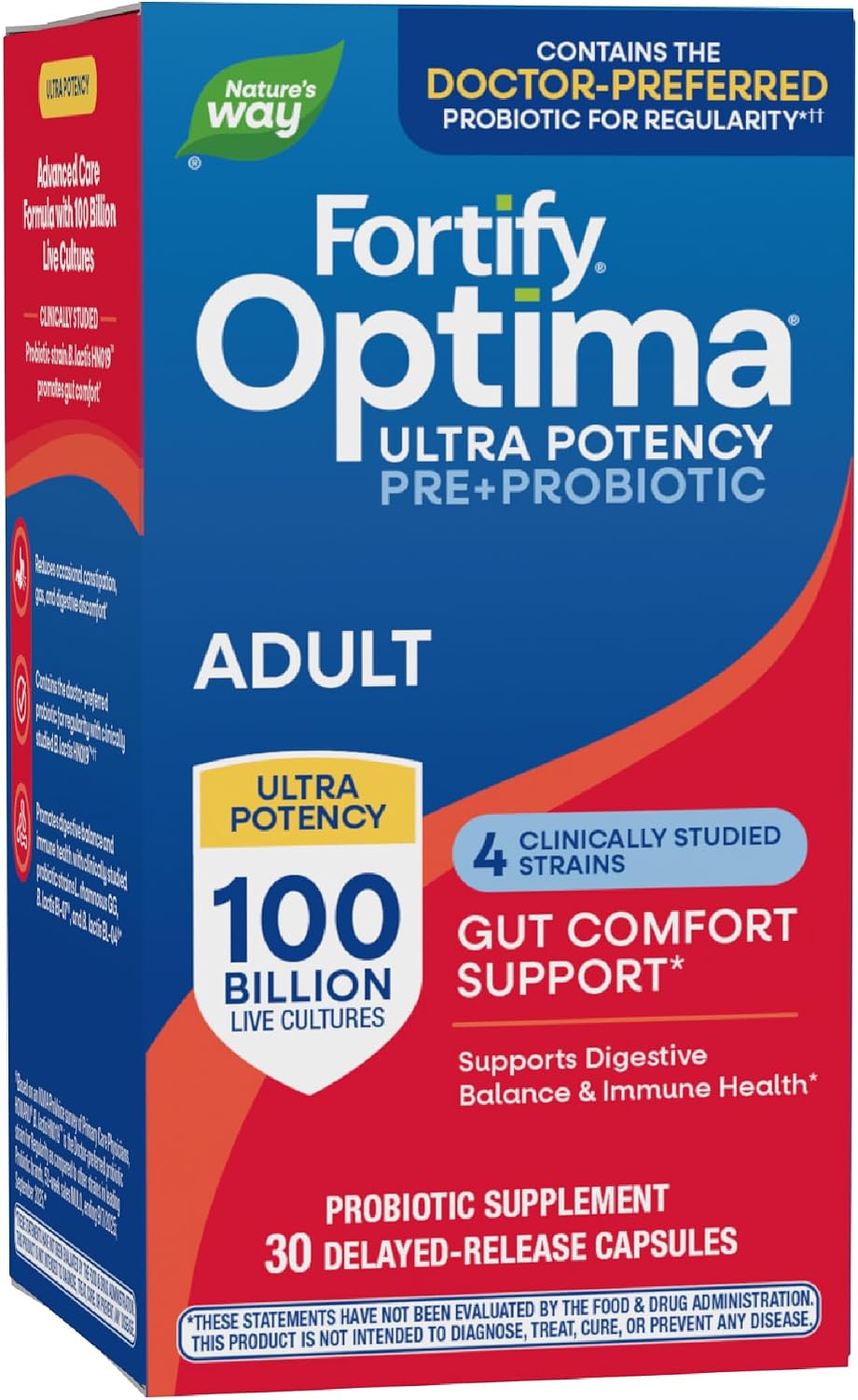 Nature's Way Fortify Optima Probiotic for Adults, 100 Billion Live Cultures, 16 Strains, Helps Maintain Digestive and Immune Health*, Plant-Based Prebiotic Fiber, 30 Capsules (Packaging May Vary)