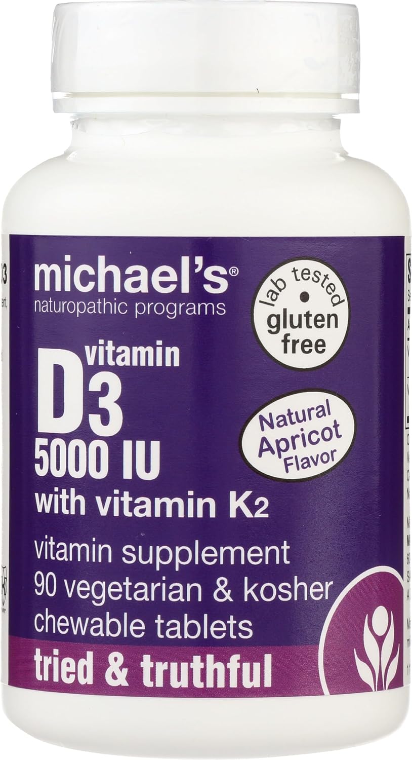 Michael's Health Naturopathic Programs Vitamin D3 with K2 - 90 Chewable Tablets - Apricot Flavour - Skeletal & Immune System Support - No Added Sugar - Vegetarian & Kosher