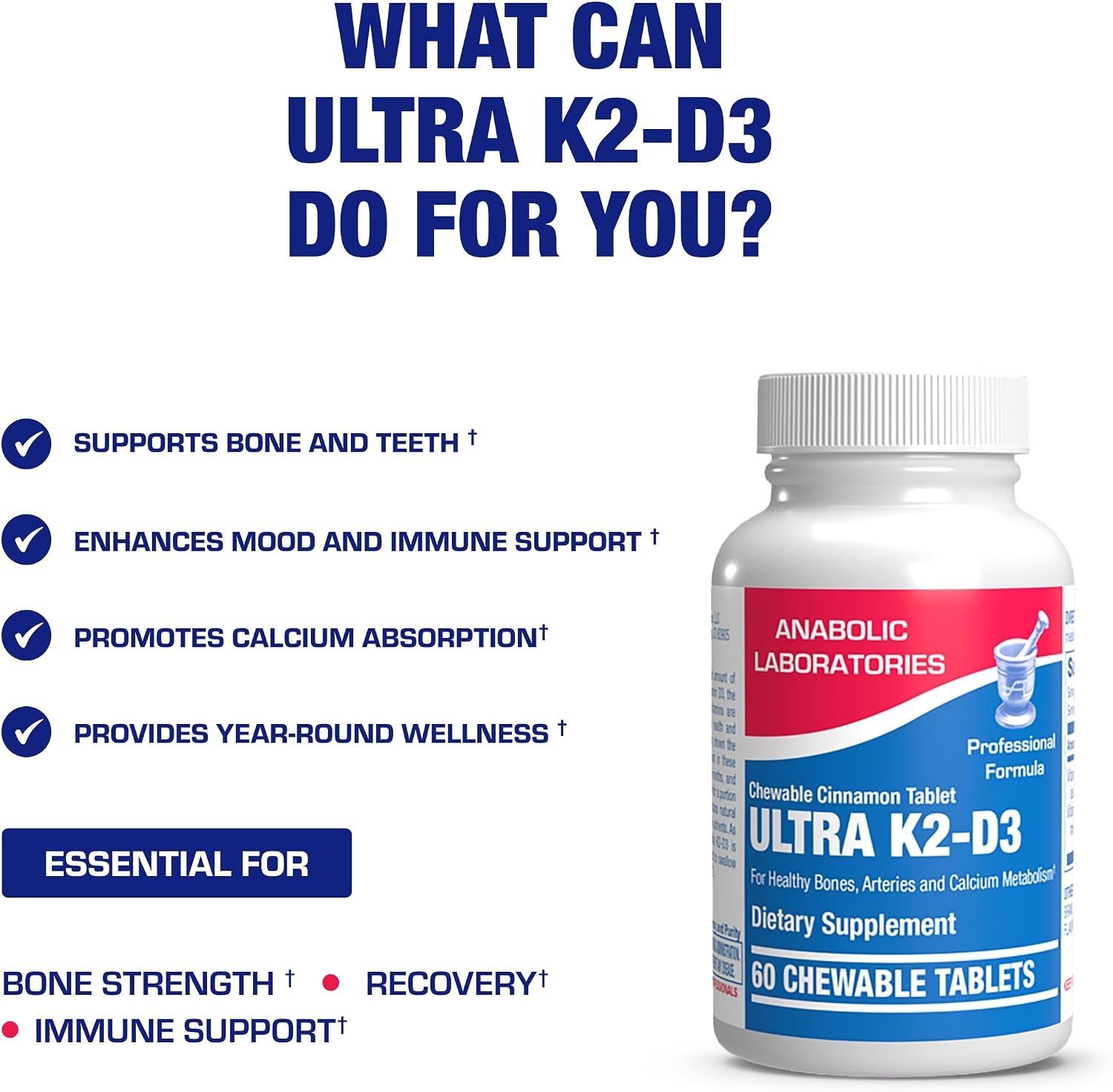 Chewable Vitamin D3 & K2 Supplement - 2000 IU D3 with 80 mcg K2 MK-7 for Bone, Teeth, Mood & Immune Support - Vegetarian, Cinnamon Flavour (60-Day Supply)