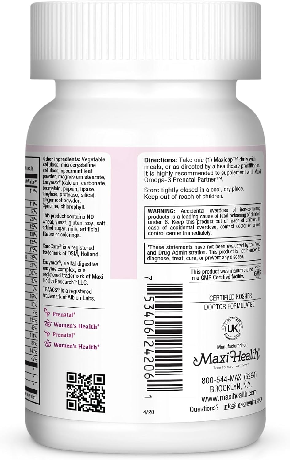 Maxi Health Prenatal Vitamins for Women - One a Day - Pregnancy Multivitamin with Folic Acid, Iron, Vitamin D3, B12, Zinc & Biotin - 60 Capsules