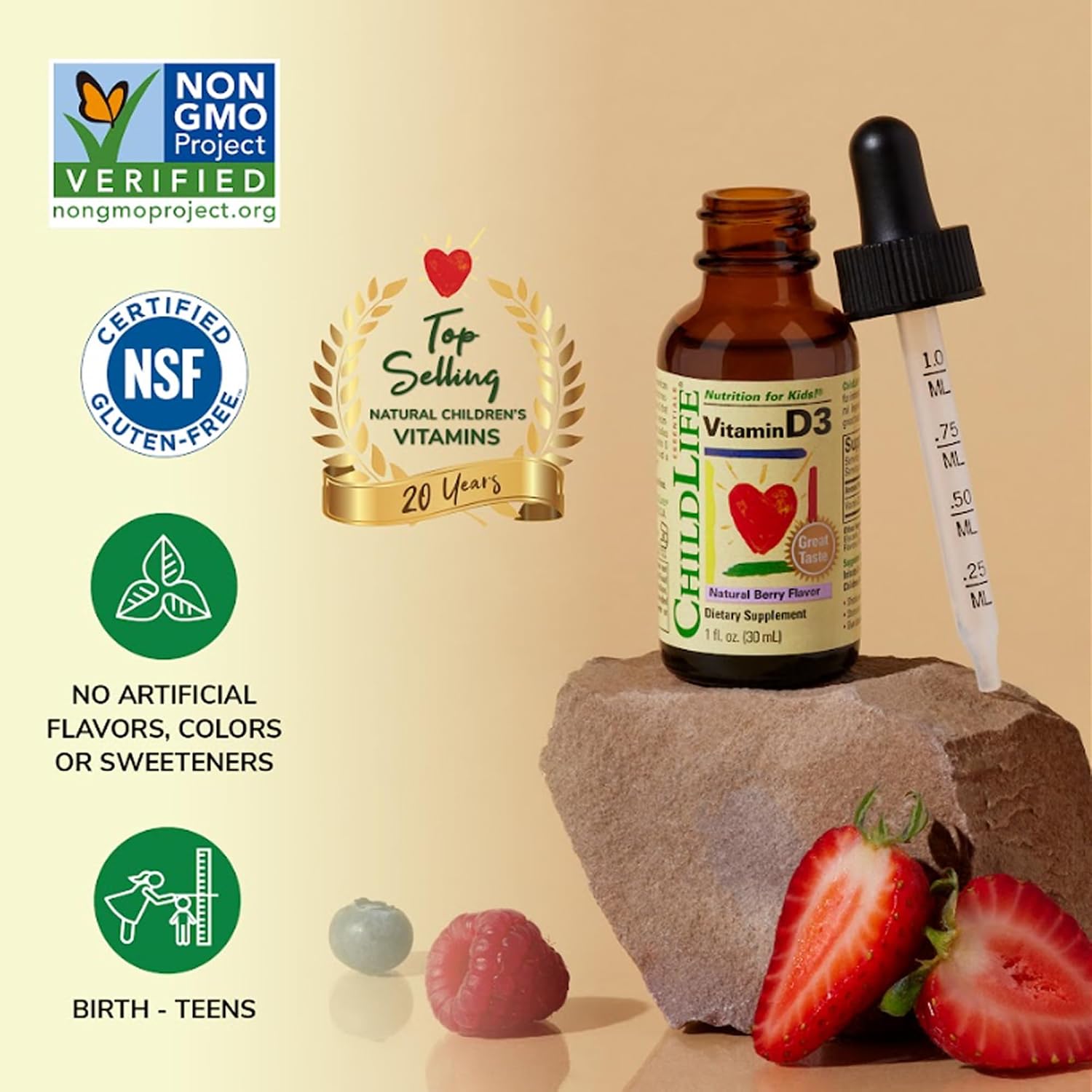 ChildLife Essentials Baby Vitamin D3 Drops – 500 IU – Natural Berry Flavour