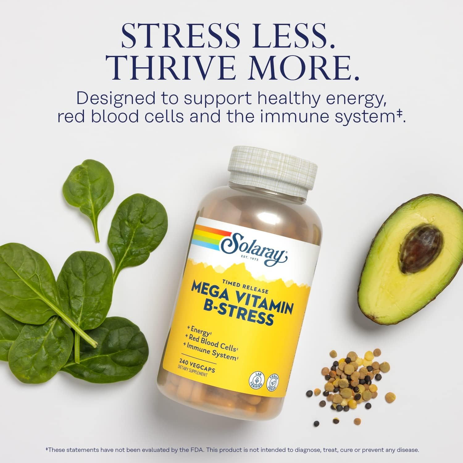 SOLARAY Mega Vitamin B-Stress - Timed-Release Vitamin B Complex with Vitamin B12, B6, Folic Acid, and Vitamin C - Vegan, 240 Count