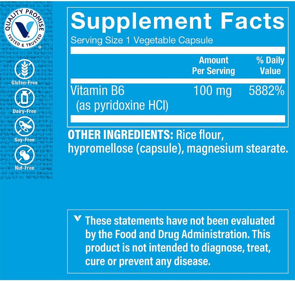The Vitamin Shoppe Vitamin B6 100mg – Pyridoxine HCL – 300 Veggie Capsules