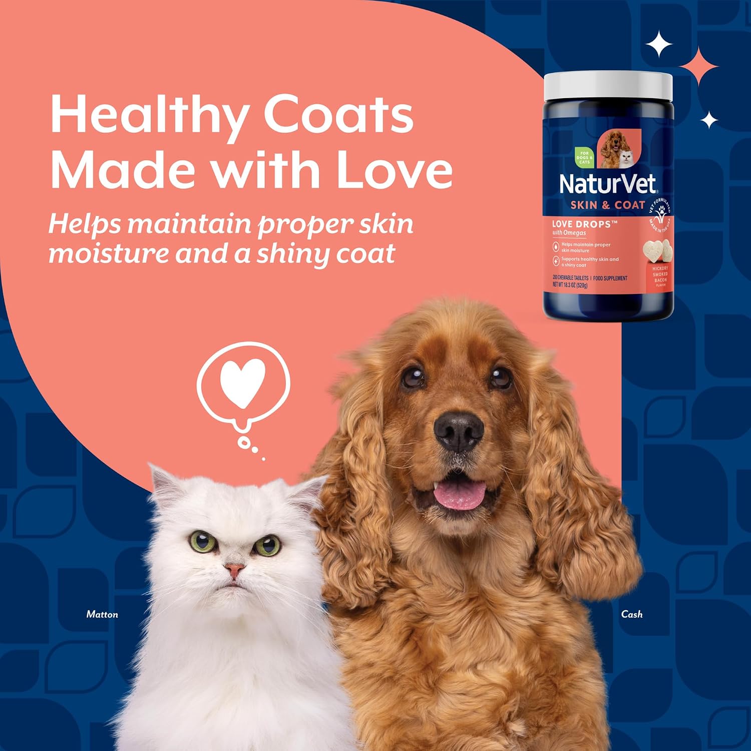 NaturVet Love Drops Plus Omegas Skin & Coat Supplement for Dogs and Cats – Peanut Butter Flavour, 200 Chewable Tablets