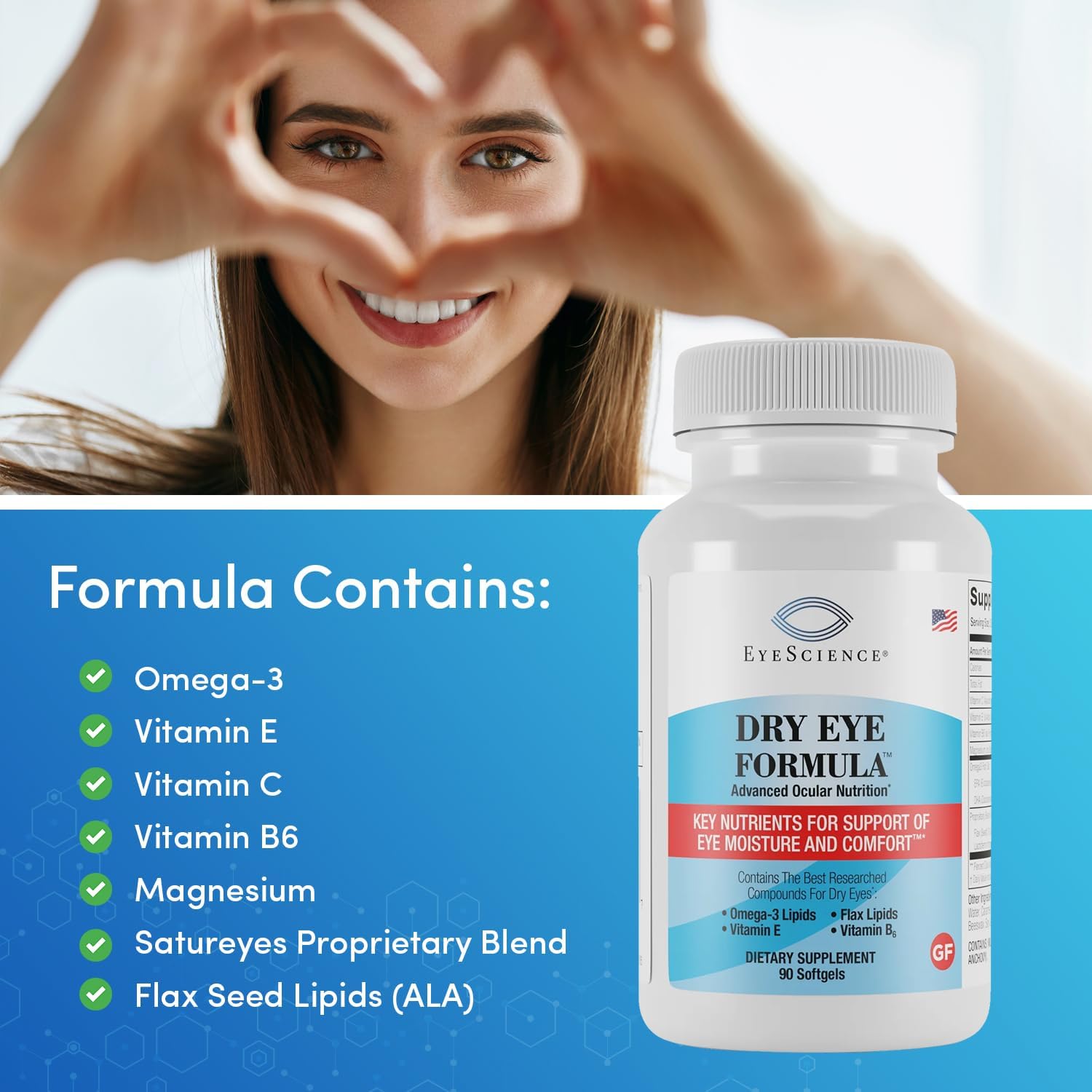 EyeScience Dry Eye Formula – 900 mg Omega-3 Supplement for Dry Eyes with EPA DHA & Antioxidant Vitamins C and E, 90 Softgels