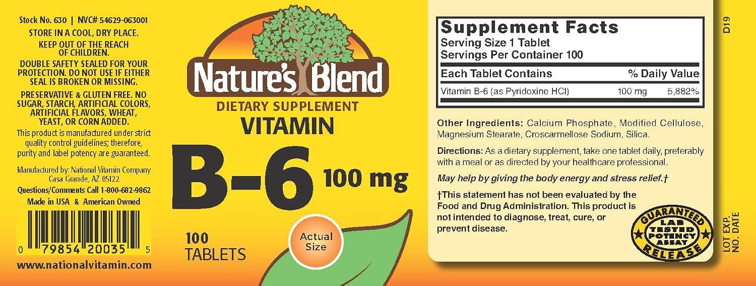 Nature's Blend Vitamin B6, 100 mg, 100 Tablets