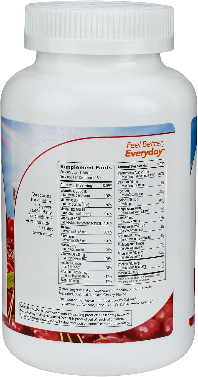 Zahler Junior Multi™ – Complete Once-Daily Multi-Vitamin for Children, Natural Cherry Flavour, 180 Chewable Tablets
