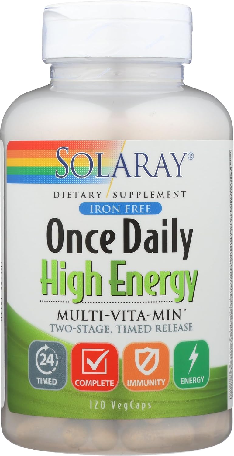 SOLARAY High Energy Multivitamin, No Iron, Timed-Release, Whole Food and Herb Base, 120 VegCaps