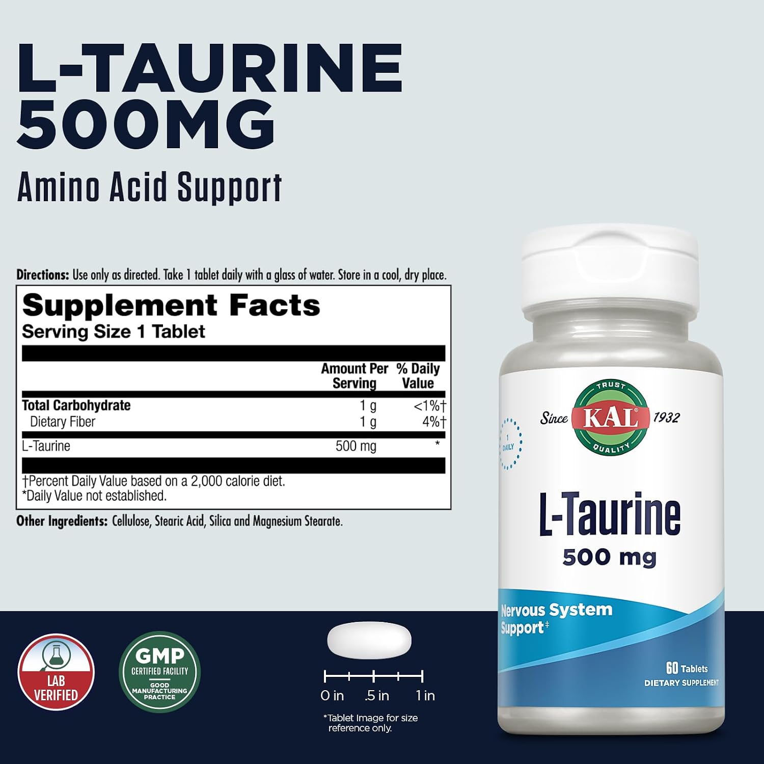 KAL L-Taurine 500mg - Amino Acid Support for Heart, Nerves, & Eyes - 60 Quick-Dissolve Tablets